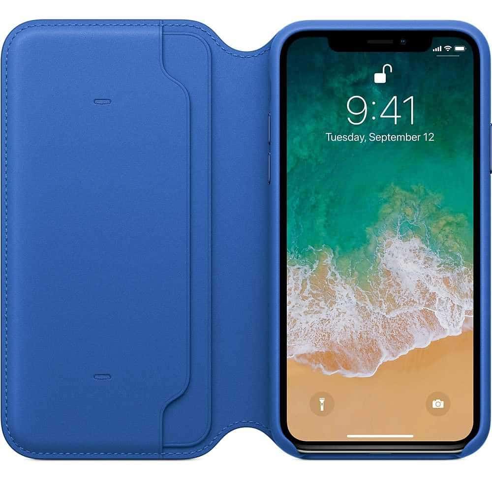 كفر ايفون الذكي باللون الازرق الفاتح جلدي على شكل دفتر  من ابل Apple iPhone X Leather Folio Electric Blue