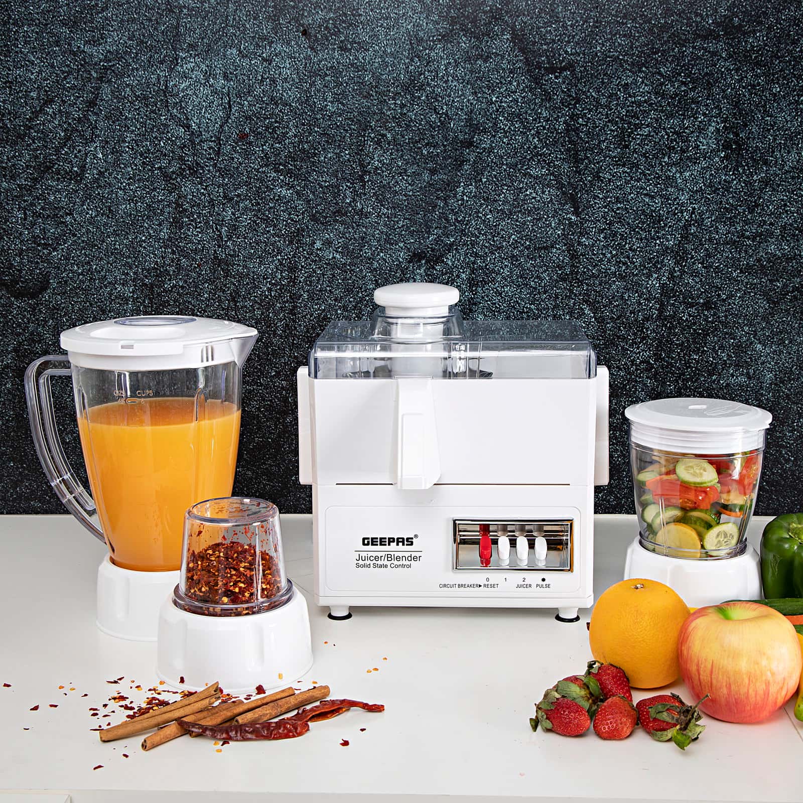 Geepas 4-in-1 Food Processor & Juicer - Multi-functional Smoothie Maker, Juicer, Compact Electric Blender, Chopper & Grinder - 1.6L Jar, 2-Speed Pulse Function for Ice Crusher - 600W - 2 Years Warranty