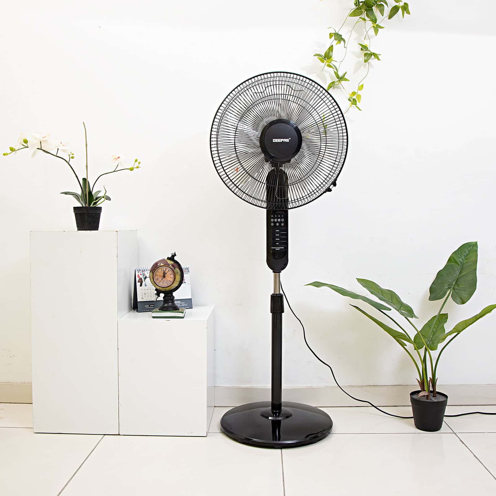 Geepas 16" Stand Fan with Remote Control - 3 Mode/Speed, 5 Leaf Blade Wide Oscillation, Adjustable Height & Tilt Setting With Led Display - 7.5 Hours Timer
