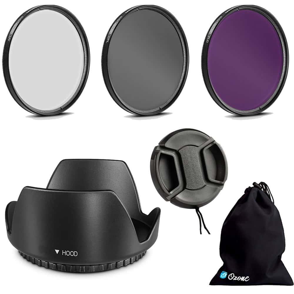 O Ozone Professional Camera Lens Protection Set 52mm Lens Hood, Lens Cap, 3 Piece Lens Filter [ UV-CPL-FLD ] & Small Carry Pouch For DSLR Camera, For Nikon, For Cannon, For SLR Lenses - Black