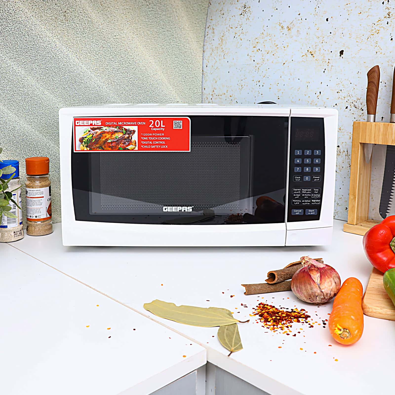 Geepas 20L 1200W Digital Microwave Oven with Multiple Cooking Menus GMO1895 