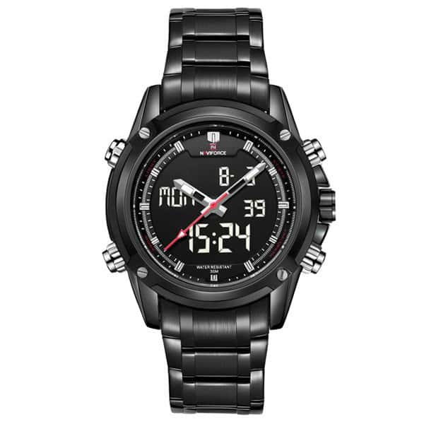 Naviforce 9050 Analog-Digital Movement Watch for Men with Black Stainless Steel Band - White - White