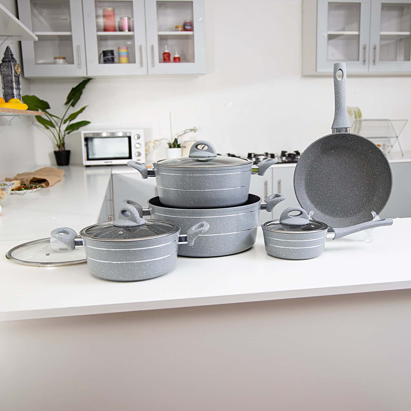Royalford 9Pcs Smart Aluminium Cookware Set - Durable Marble Coating, High-Quality Forged Aluminium