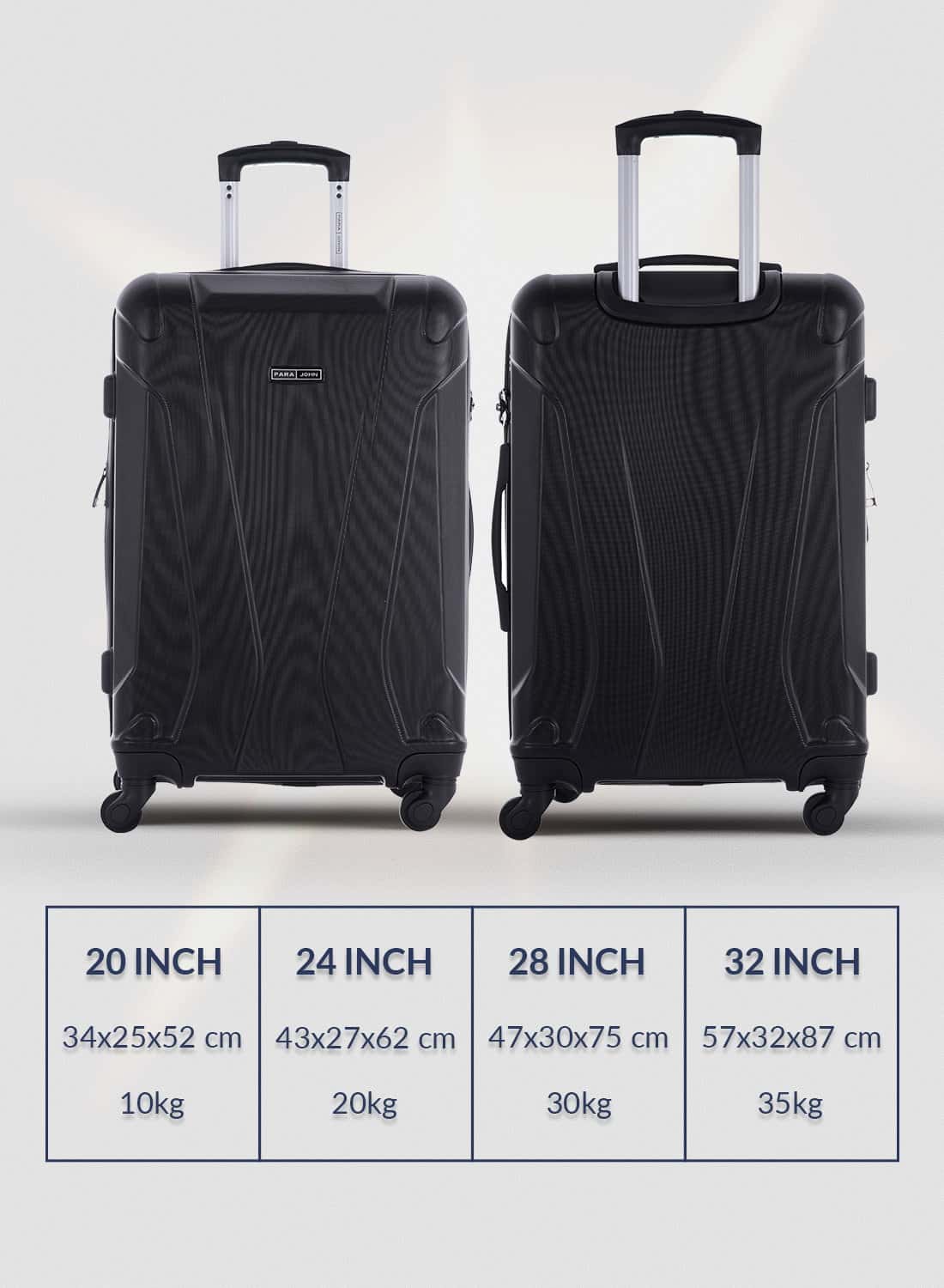 طقم حقائب سفر 4 حقائب مادة ABS بعجلات دوارة (20 ، 24 ، 28 ،32) بوصة أسود PARA JOHN - 4 Pcs Zin Trolley Luggage Set, Black