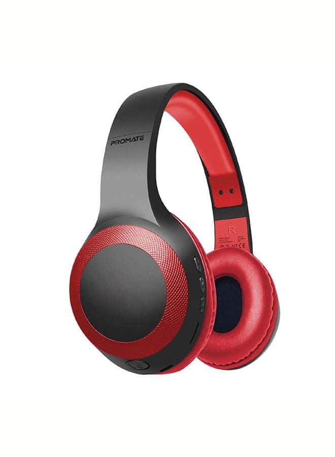 promate Over-Ear Deep Bass Wired/Wireless Headphone with Long Paytime, Hi-Fi Sound, Built-In Mic, On-Ear Controls, Soft Earpads, MicroSD Card Slot and AUX Port for iPhone, Samsung, iPad Pro, LaBoca Red