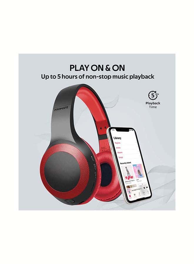 promate Over-Ear Deep Bass Wired/Wireless Headphone with Long Paytime, Hi-Fi Sound, Built-In Mic, On-Ear Controls, Soft Earpads, MicroSD Card Slot and AUX Port for iPhone, Samsung, iPad Pro, LaBoca Red
