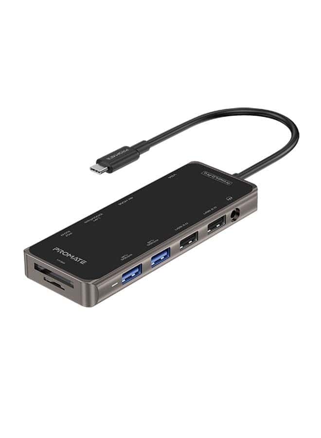 Promate USB-C Hub, 11-in-1 Type-C Multi-Port Adapter with 100W USB-C Power Delivery, 4K HDMI, 1080 VGA Port, RJ45 Port, AUX, TF/SD Card Slot and 4 USB Ports for MacBook Pro, MacBook Air, XPS, PrimeHub-Pro Black