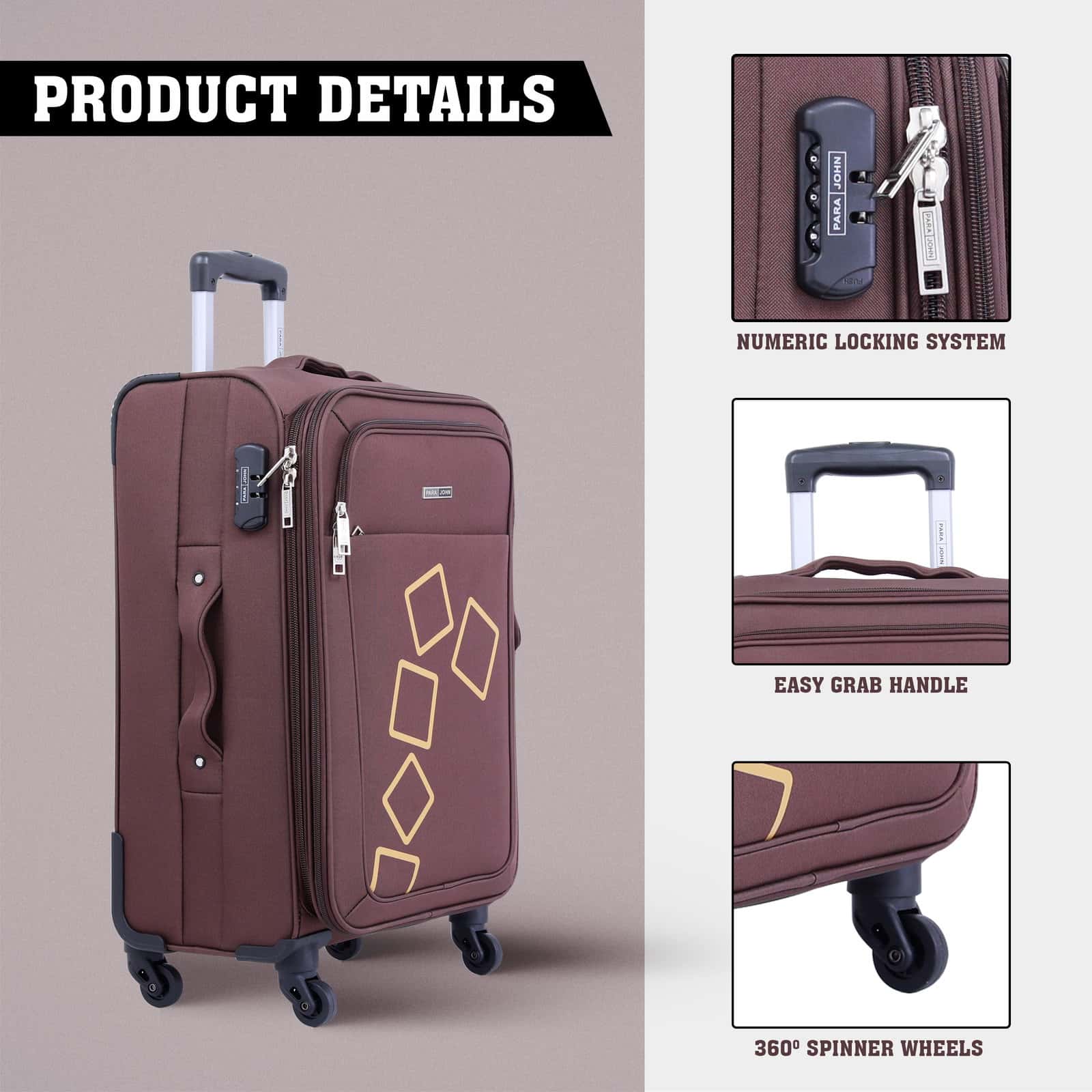 طقم حقائب سفر 4 حقائب مادة نايلون بعجلات دوارة (20 ، 24 ، 28 ، 32) بوصة لون القهوة PARA JOHN – Travel Luggage Suitcase Set of 4 – Trolley Bag, Carry On Hand Cabin Luggage Bag (20 ، 24 ، 28 ، 32) inch