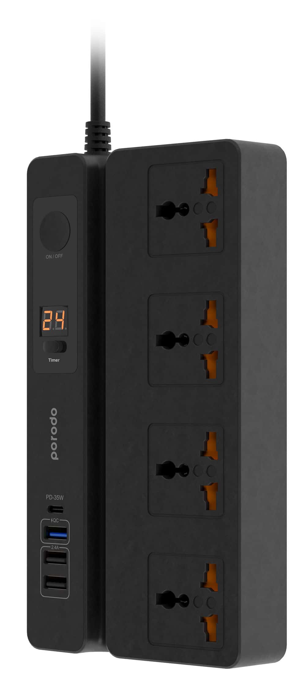 محول كهرباء متعدد المداخل مع مؤقت ذاتي Porodo 4 AC 3 USB & USB-C PD 35W Multiport Socket 3M 3000W UK