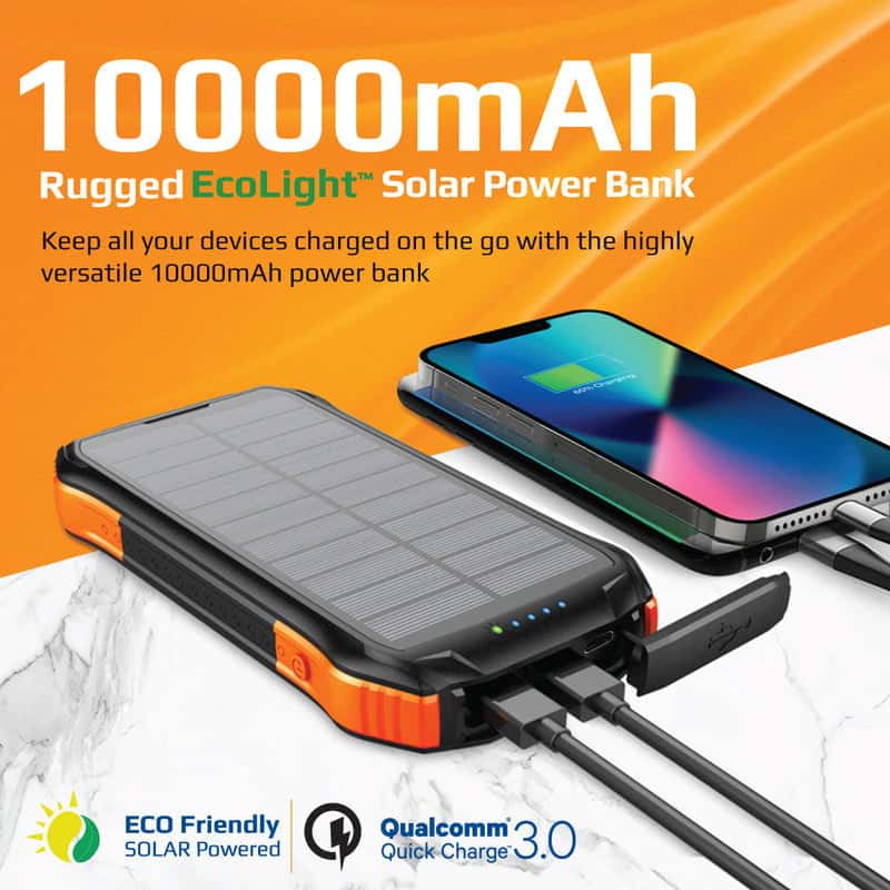 شاحن جوال بالطاقة الشمسية 10000 ميللي أمبير - يدعم الشحن اللاسلكي  PROMATE Rugged EcoLight Solar Power Bank