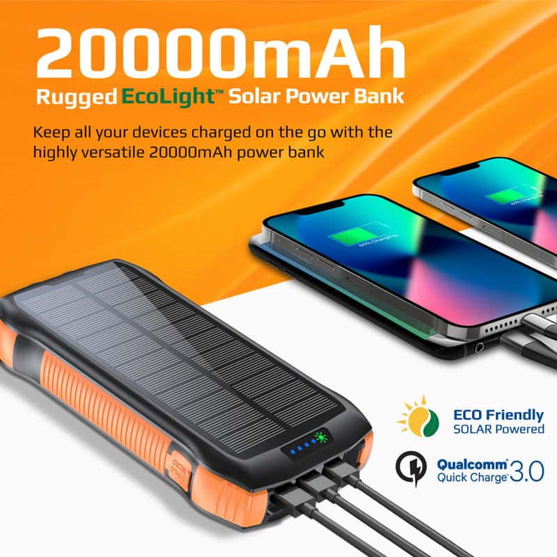 بور بانك شاحن متنقل لاسلكي 20000 مللي أمبير يدعم الشحن بالطاقة الشمسية Promate Rugged EcoLight Solar Power Bank