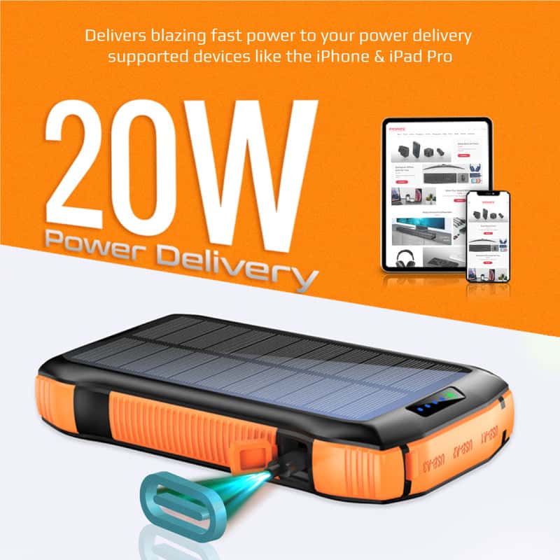 بور بانك شاحن متنقل لاسلكي 20000 مللي أمبير يدعم الشحن بالطاقة الشمسية Promate Rugged EcoLight Solar Power Bank