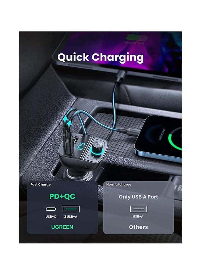 UGREEN Bluetooth FM Transmitter USB Car Charger 38W QC PD Fast Charging Radio Adapter Car Kit Built-in Mic Support Hands-Free Calls LED Backlit TF Card Flash Drive Black