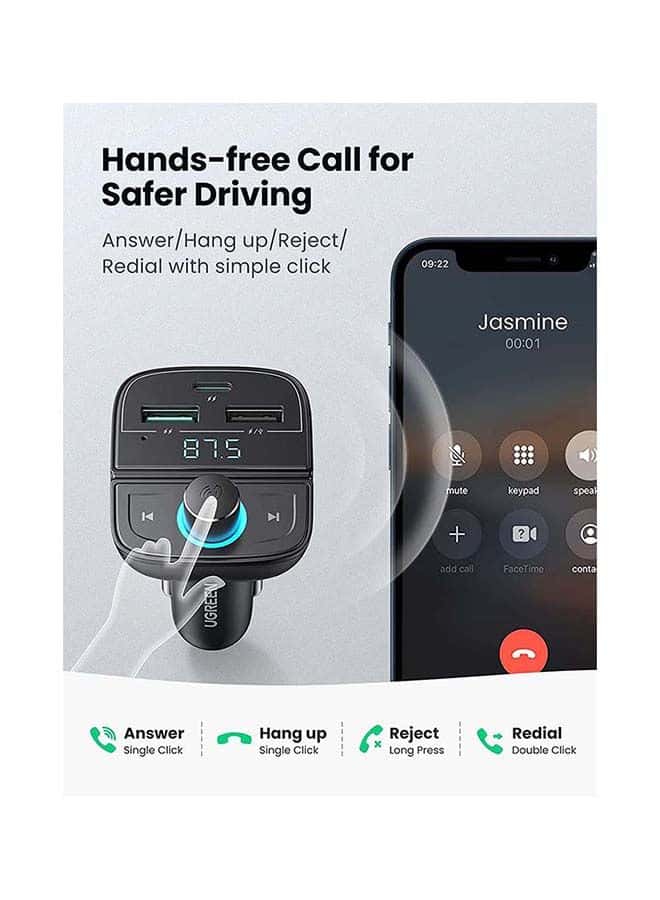 UGREEN Bluetooth FM Transmitter USB Car Charger 38W QC PD Fast Charging Radio Adapter Car Kit Built-in Mic Support Hands-Free Calls LED Backlit TF Card Flash Drive Black