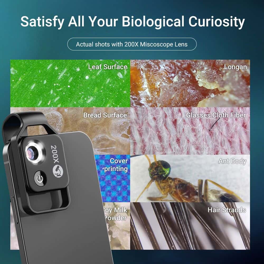 عدسة الزووم الإحترافية للموبايل 200X Phone Mini Pocket Microscope with LED Light/Universal Clip