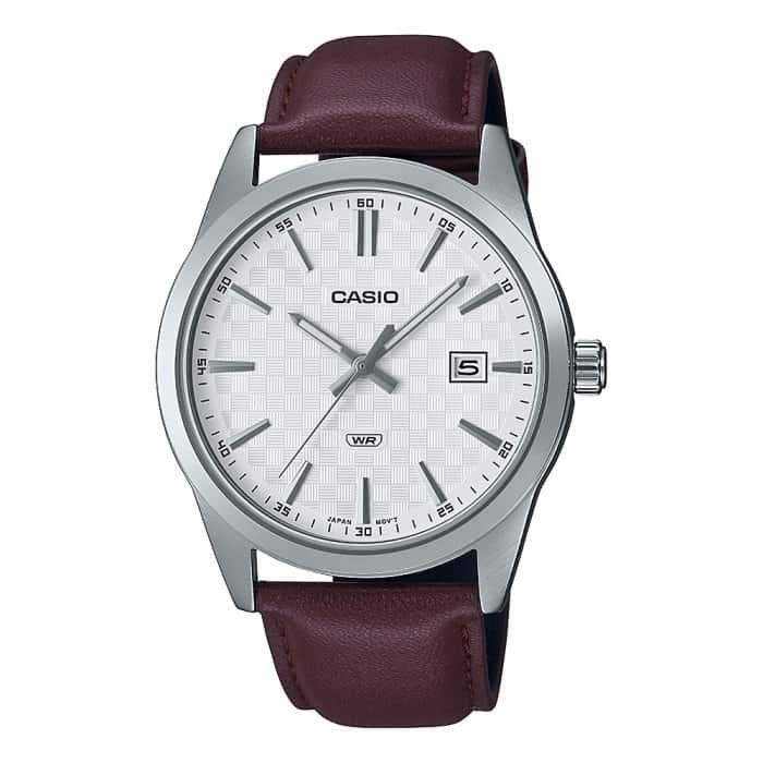 ساعة يد رجالية كاسيو مقاومة للماء ستانليس ستيل بحزام جلد بني CASIO Men Watch MTP-VD03L-5AUDF