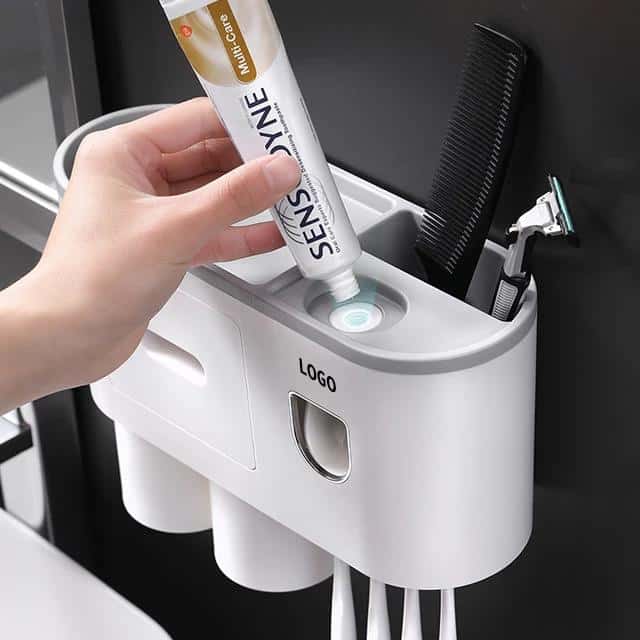 Toothbrush Holders, 4 Cups Toothbrush Holder Wall Mounted with Toothpaste Dispenser