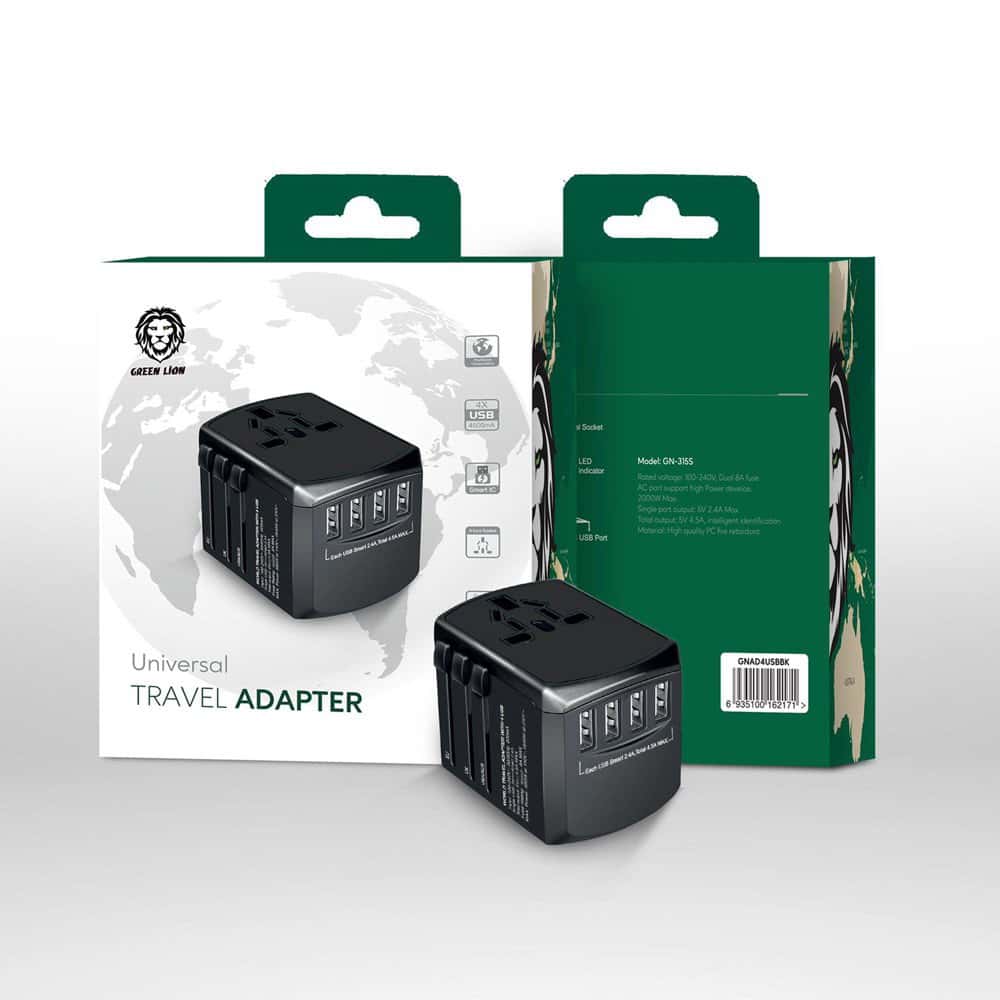 Green Universal Travel Adapter ( 4 USB Port ) 5V 4.5A - Black [ GNAD4USBBK ]