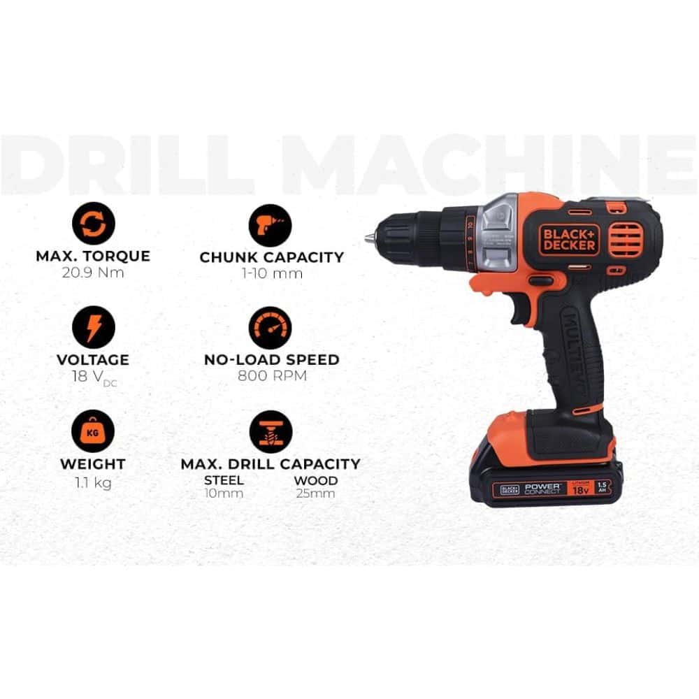 دريل بطارية 18 فولت 1.5 أمبير 10 مم بلاك اند ديكر Black+Decker 18v 1.5ah 10mm Li-Ion Cordless Multi-Evo Multitool Starter Kit With Drill