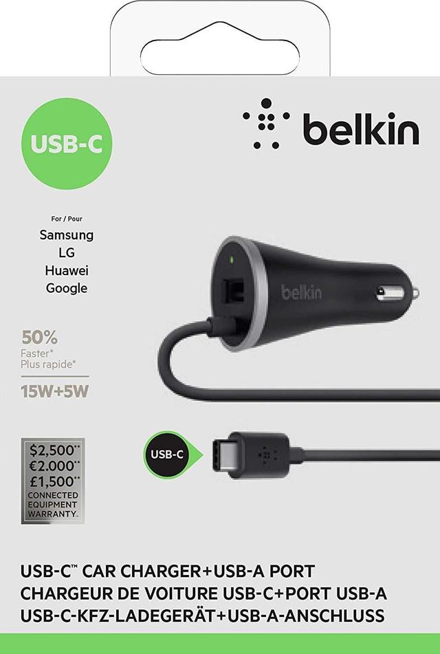 شاحن سيارة مع كابل USB-C ومنفذ USB-A بقوة 15واط لون أسود BELKIN - USB-C Car Charger with Hardwired USB-C Cable and USB-A Port (USB Type-C) - SW1hZ2U6MjQ2NDQ=