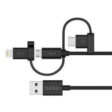 وصلة شحن (كيبل شحن) USB-A مع ثلاثة منافذ Lightning و Micro-USB و USB-C بطول 1.2 متر BELKIN - Universal Cable with Micro-USB USB-C and Lightning Connectors - SW1hZ2U6MjYwMzI=