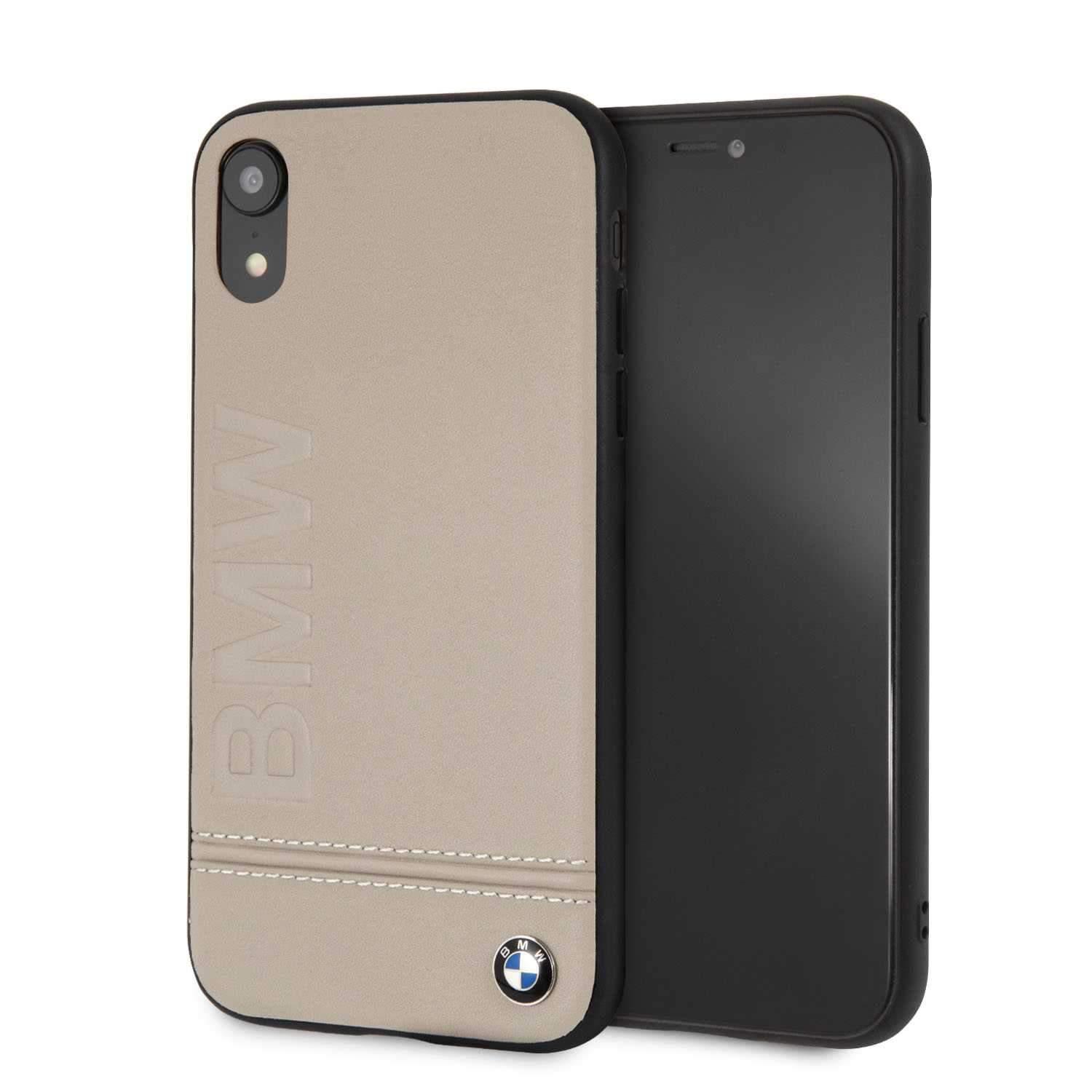 bmw genuine leather hard case with imprint logo for iphone xr taupe