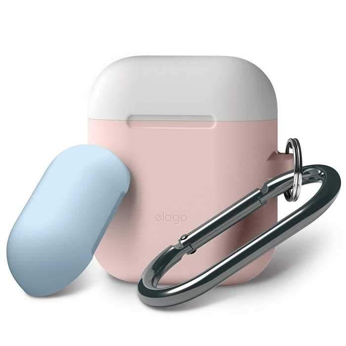 elago duo hang case for airpods body pink top whitepastel blue