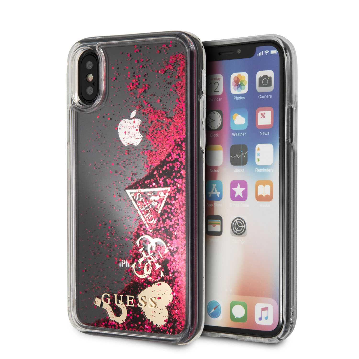 Guess "Hearts" Glitter Hard Case for iPhone X - Raspberry