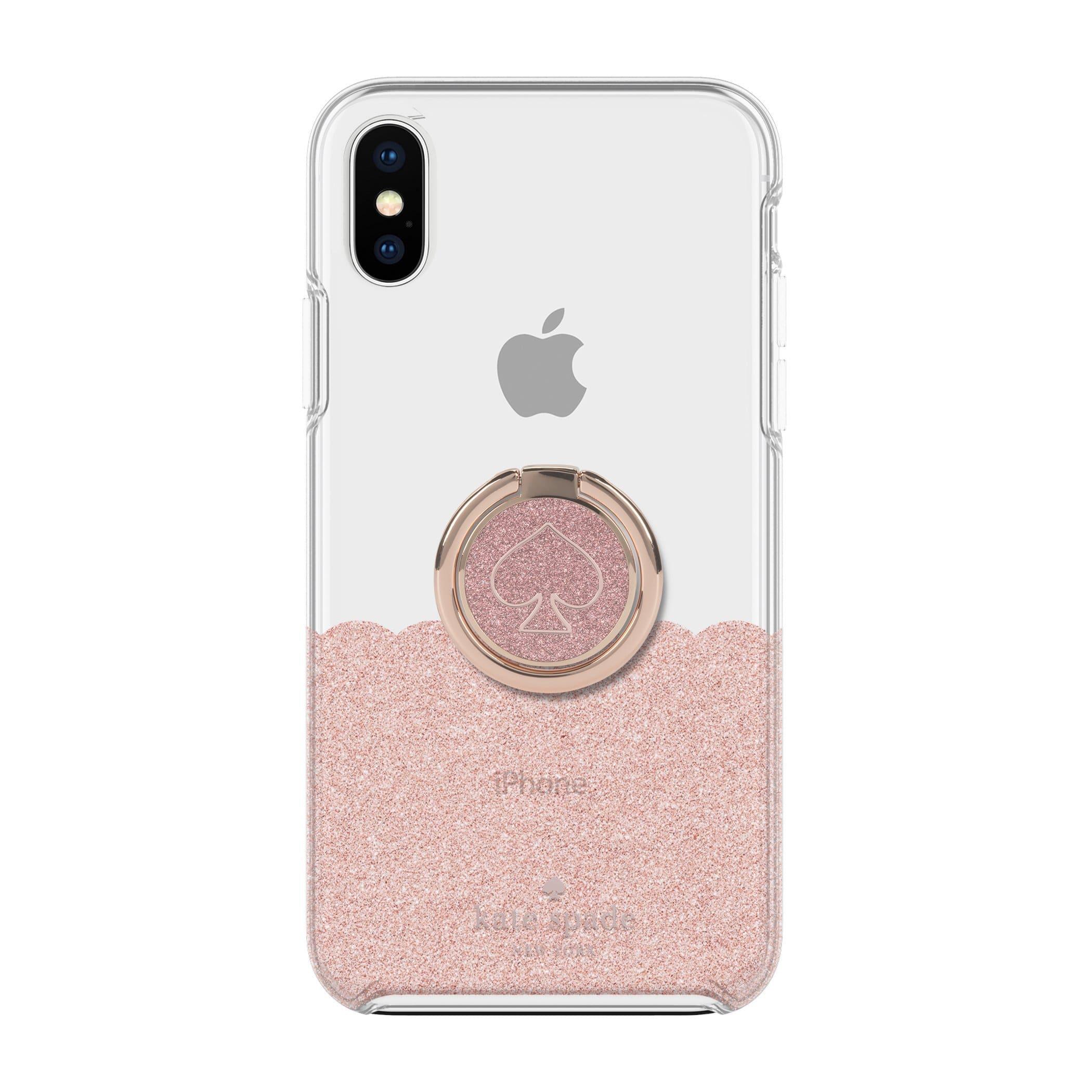 كفر ايفون XR مع حلقة رينغ - أبيض و زهري KATE SPADE NEW YORK Gift Set Ring Stand Hardshell Case Scallop Rose Gold Glitter Clear for iPhone XR