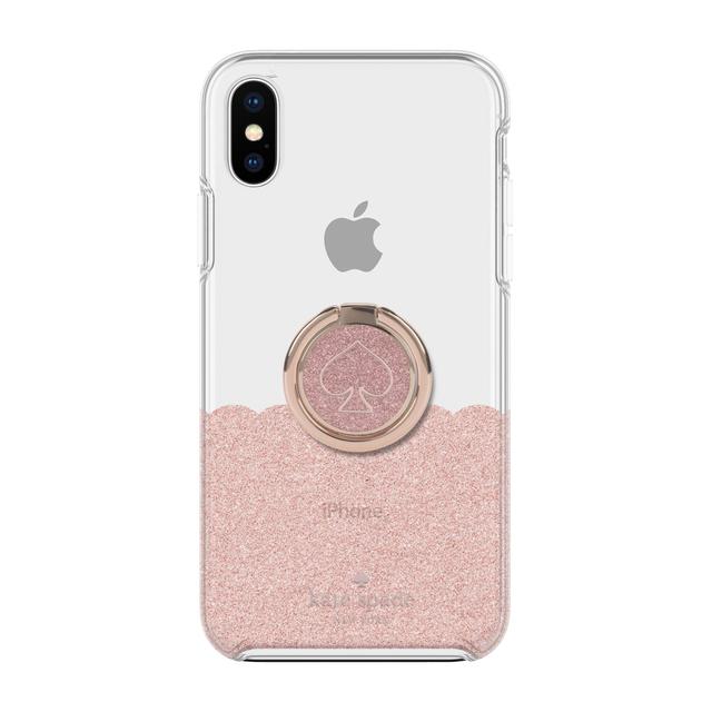 كفر ايفون XR مع حلقة رينغ - أبيض و زهري KATE SPADE NEW YORK Gift Set Ring Stand Hardshell Case Scallop Rose Gold Glitter Clear for iPhone XR - SW1hZ2U6MjQ0NDQ=