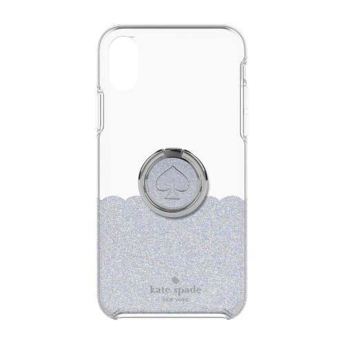 كفر ايفون XR مع حلقة رينغ - أبيض و رمادي KATE SPADE NEW YORK Gift Set Ring Stand & Hardshell Case Scallop Mermaid Glitter for iPhone XR