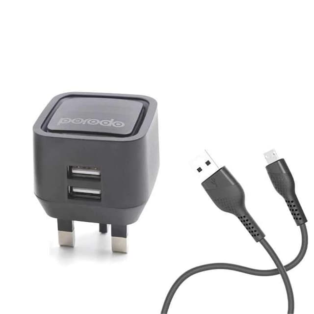 رأس شاحن ايفون مزدوج USB بقوة 2.4 أمبير مع كابل مايكرو 1.2 متر اسود بورودو Porodo Dual USB Wall Charger 2.4A with PVC Micro USB Cable 1.2M UK 