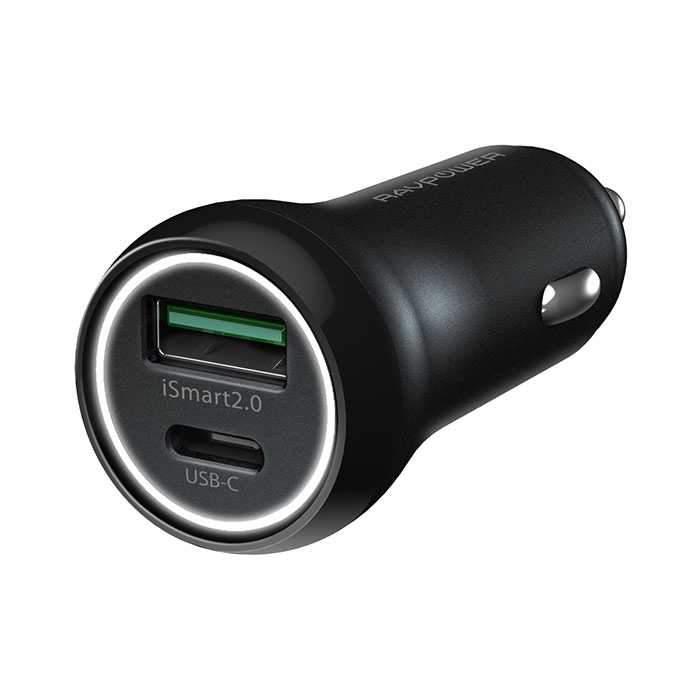 ravpower dual ports car charger 36w with type c port 18w black