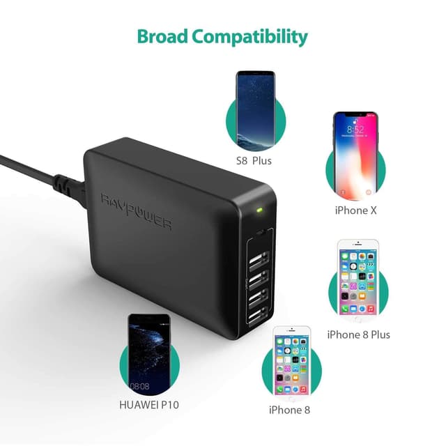 راڤ باور - شاحن الديسكتوب الخماسي بتكنولوجيا ismart 60 واط - أسود