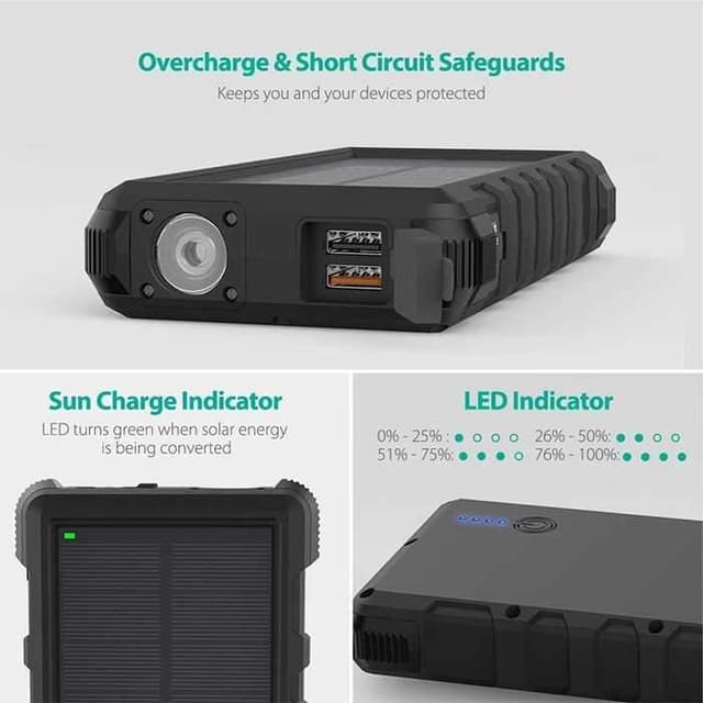 راڤ باور -  شاحن متنقل بالطاقة الشمسية بقوة 25000mAh - اسود