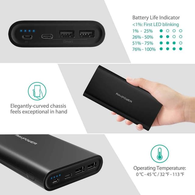 ravpower ace series 26800mah portable charger with dual input black