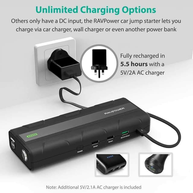 شاحن و وصلة تشغيل بطارية السيارة راڤ باور الذكي 1000 امبير و سعة 14 آلاف ميلي امبير - اسود