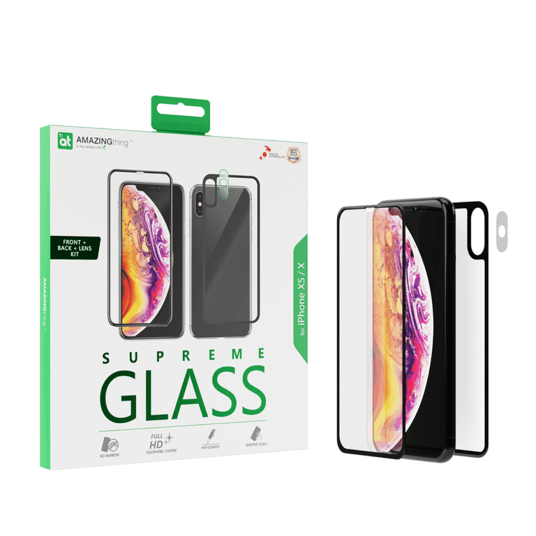 شاشة حماية AMAZINGTHING - AT IPHONE XS 5.8" FULLY COVERED SUPREME GLASS FRONT, BACK & LENS SET - أسود