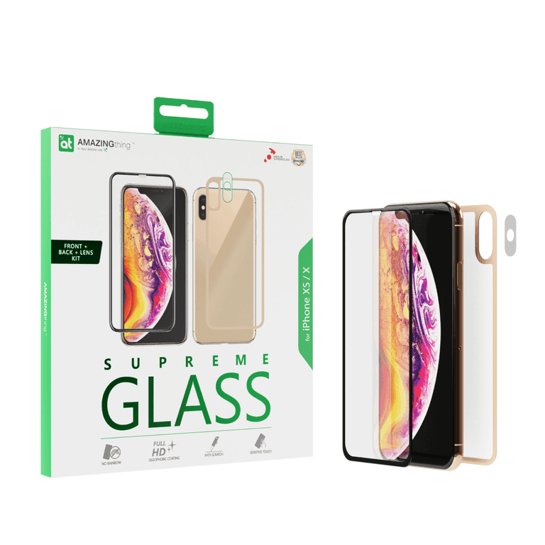 شاشة حماية AMAZINGTHING - AT IPHONE XS 5.8" FULLY COVERED SUPREME GLASS FRONT, BACK & LENS SET - ذهبي