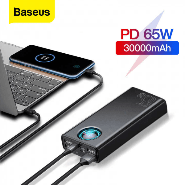 baseus 65w power bank 30000mah usb c pd quick charge 30000 powerbank portable external battery charger for phones tablets laptops
