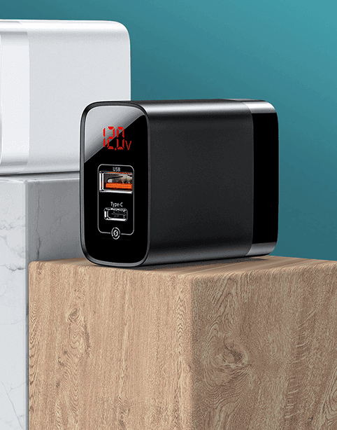 baseus mirror lake us pin dual quiock charge digital display 18w power