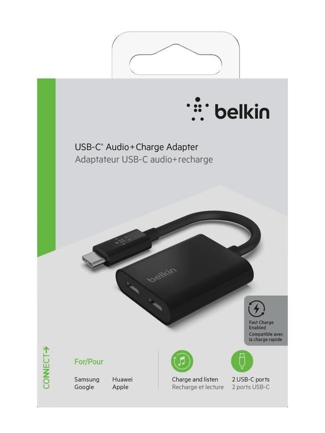 محول طاقة Belkin - ROCKSTAR 3.5mm Audio + USB-C Charge Adapter