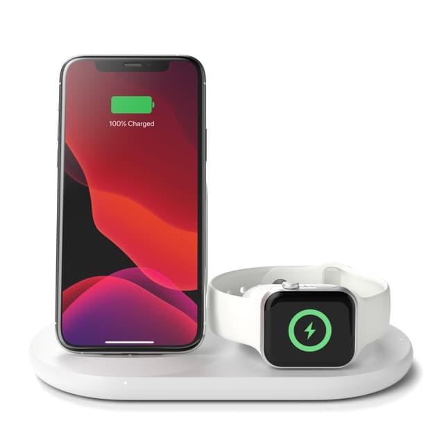 belkin boost charge 3 in 1 wireless charger 10w fast qi certified for iphone 11 11pro 11 pro max xs max xr xs x 8 plus 8 apple watch series 5 4 3 2 1 airpods pro qi enabled devices white - 63617