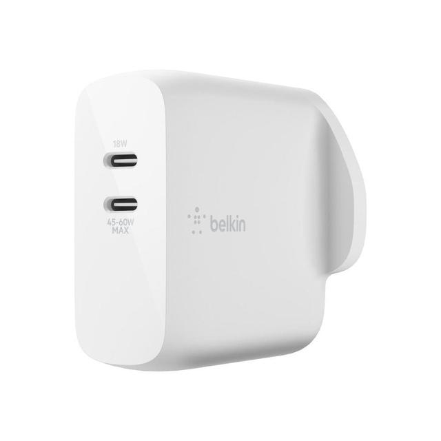 belkin boostcharge dual usb c pd gan wall charger powerful 68w pd dual port for macbook pro ipad pro 11 12 9 iphone 11 11 pro 11 promax x xs max 8 8 se google samsung huawei uk plug white - SW1hZ2U6NTU5MzM=