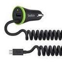 شاحن سيارة مع كابل USB-micro حلزون 3.4 أمبير و مدخل USB-A لون أسود BELKIN - Ultra-Fast 3.4 AMP USB Car Charger With USB Pass Through + Coiled Micro USB Cable - Black