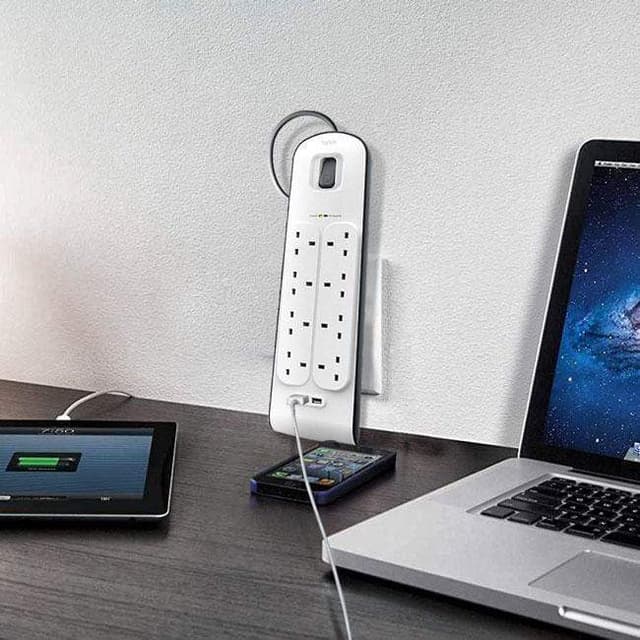 belkin 8 way 2 m surge protection strip with 2 x 2 4 a shared usb charging white