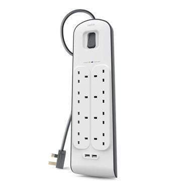 belkin 8 way 2 m surge protection strip with 2 x 2 4 a shared usb charging white