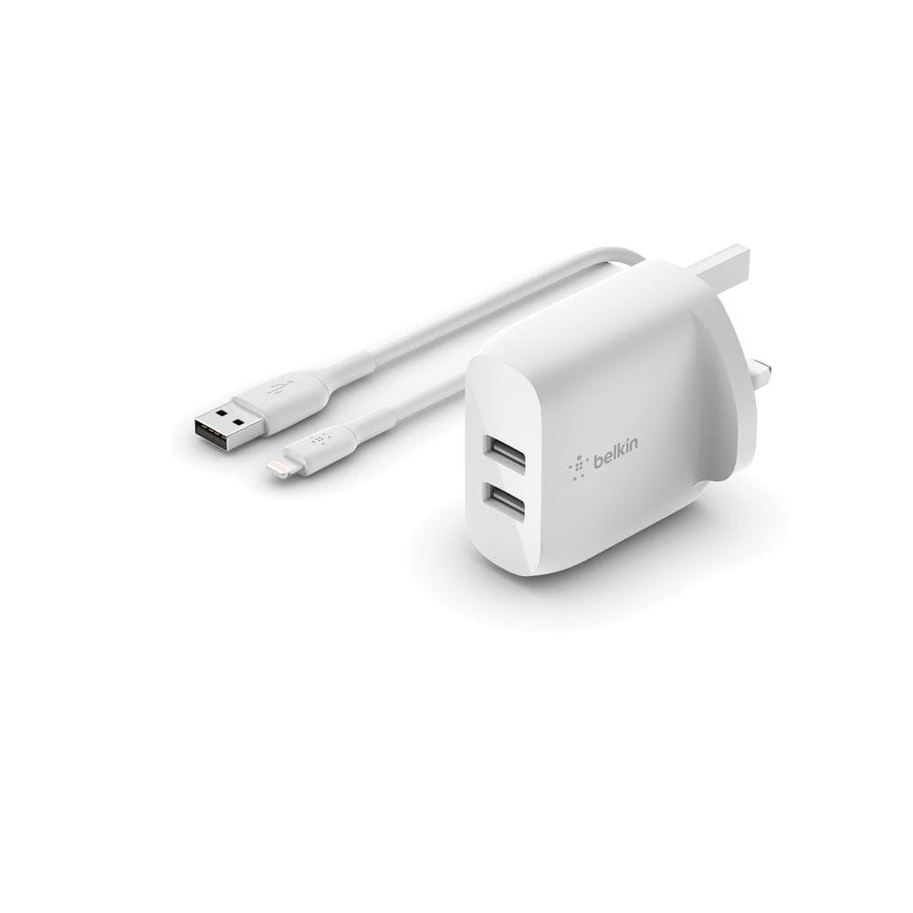 belkin boostcharge dual usb a wall charger 24w lightning cable 1m for iphone 11 pro max 11 pro 11 xr xs max xs x 8 7 6s 6 plus ipad 5th 6th gen ipad mini other compatible devices white