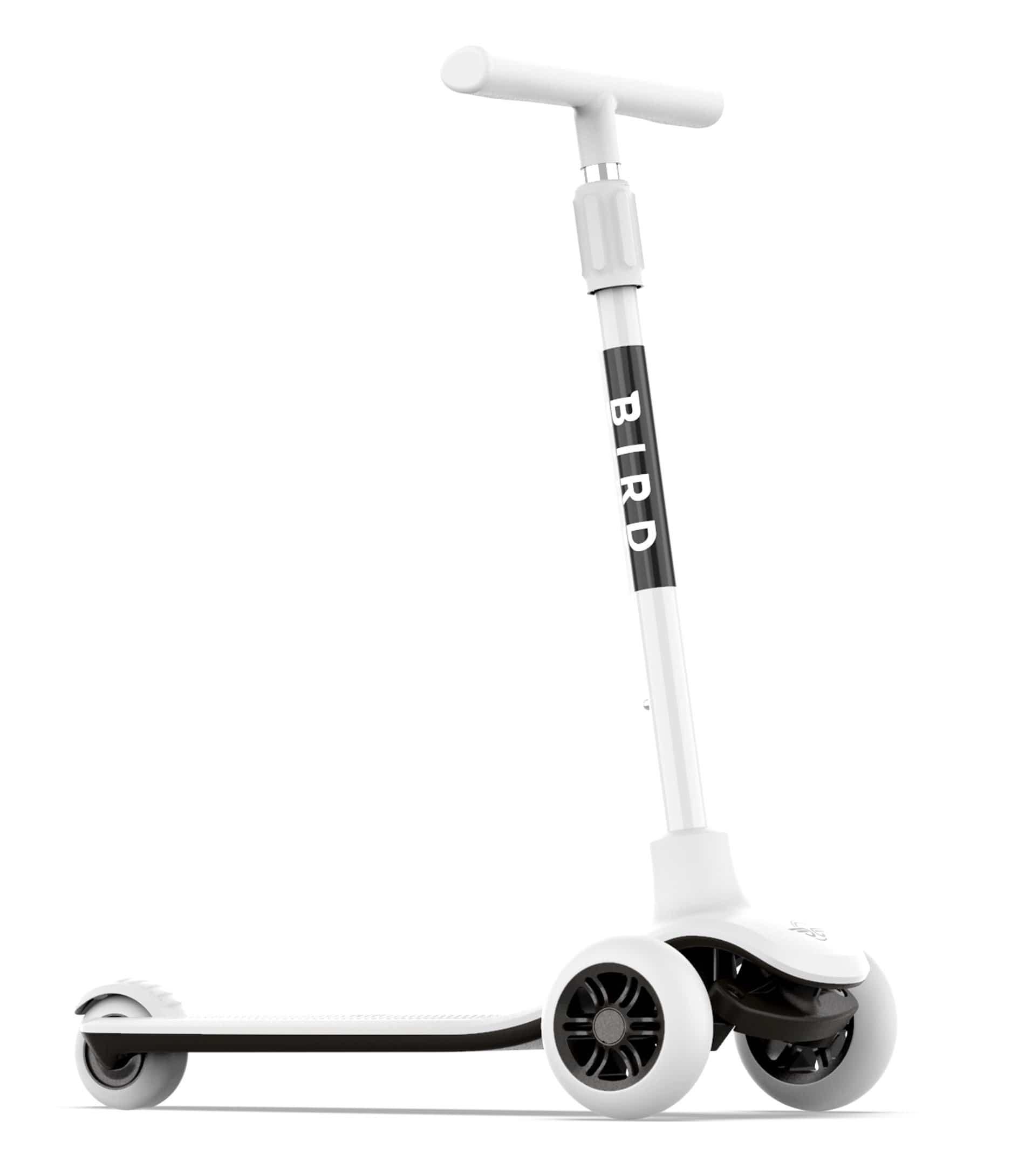 birdie kids scooter foldable kid scooter aircraft grade aluminum handle bar adjustable height portable compact stylish trendy 3 wheels design stomp brake system white