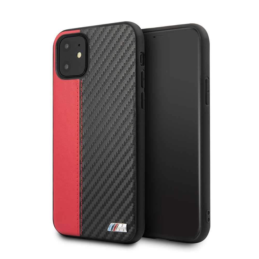 bmw pu leather carbon strip hard case for iphone 11 red